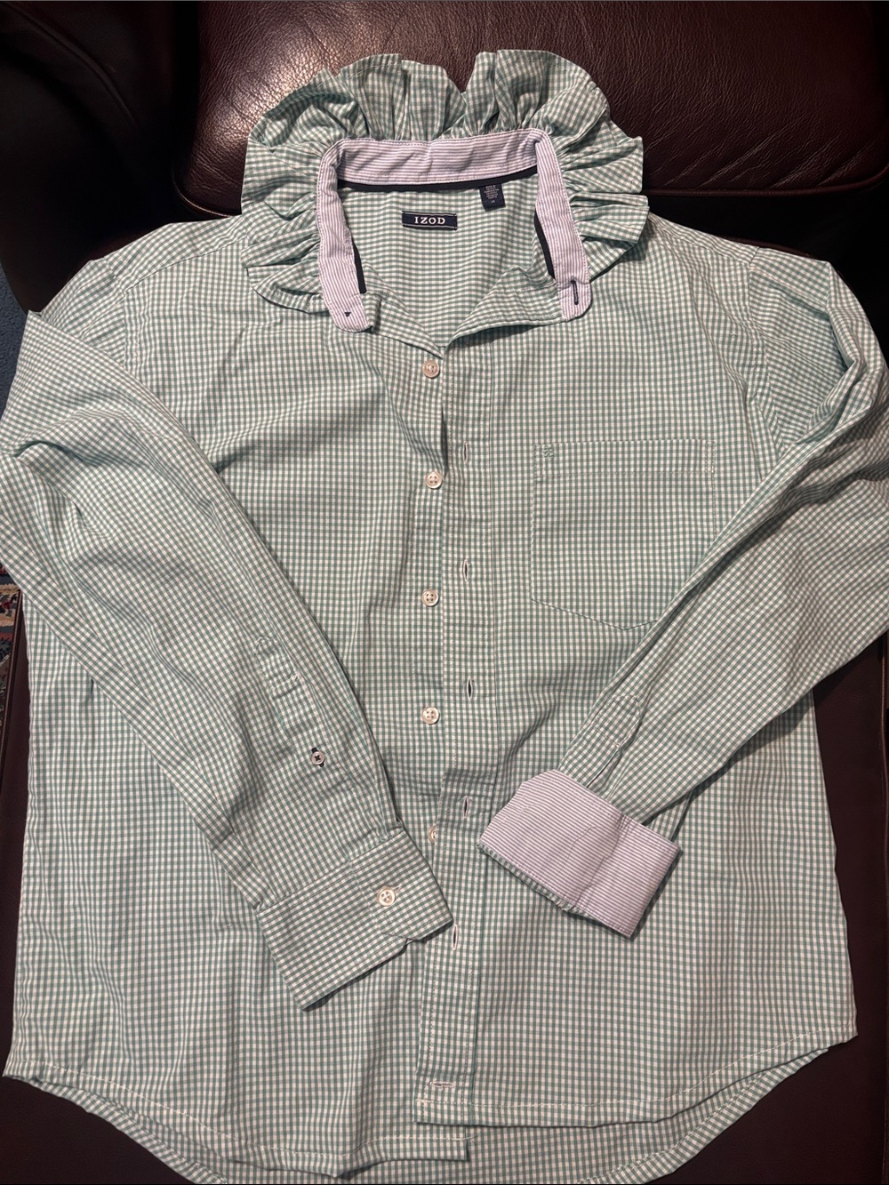 Izod Women’s Ruffled collar Light Green Micro-Check Button-Down Shirt